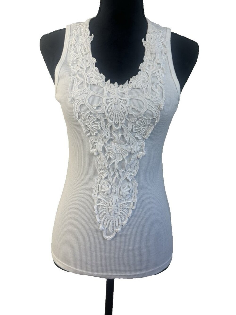 Capsule Coquette Cottage David Cline  Tee White Sleeveless Lace  USA Cotton Sz S